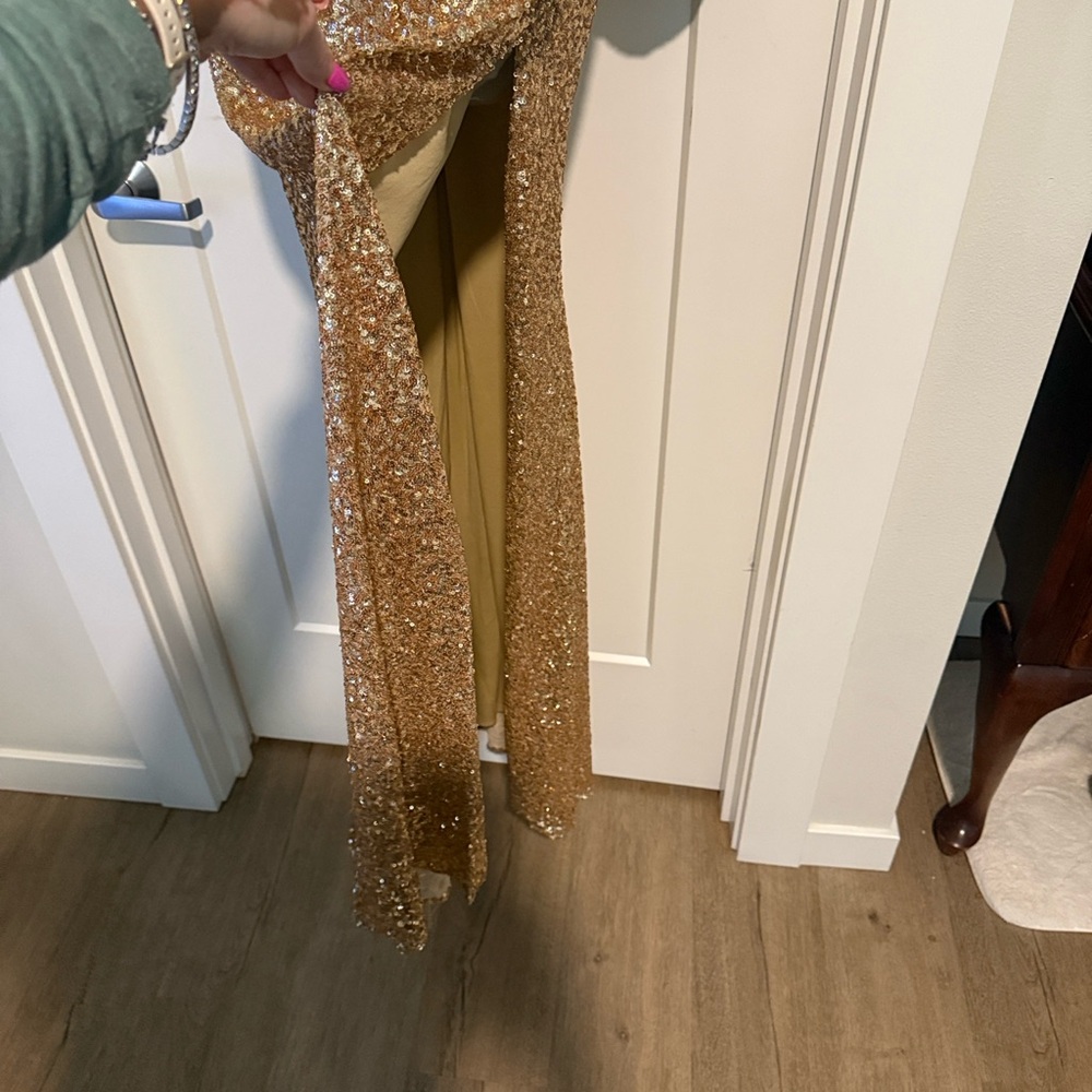 Gold Sequin Long Sleeve Evening Gown - Picture 5 of 6